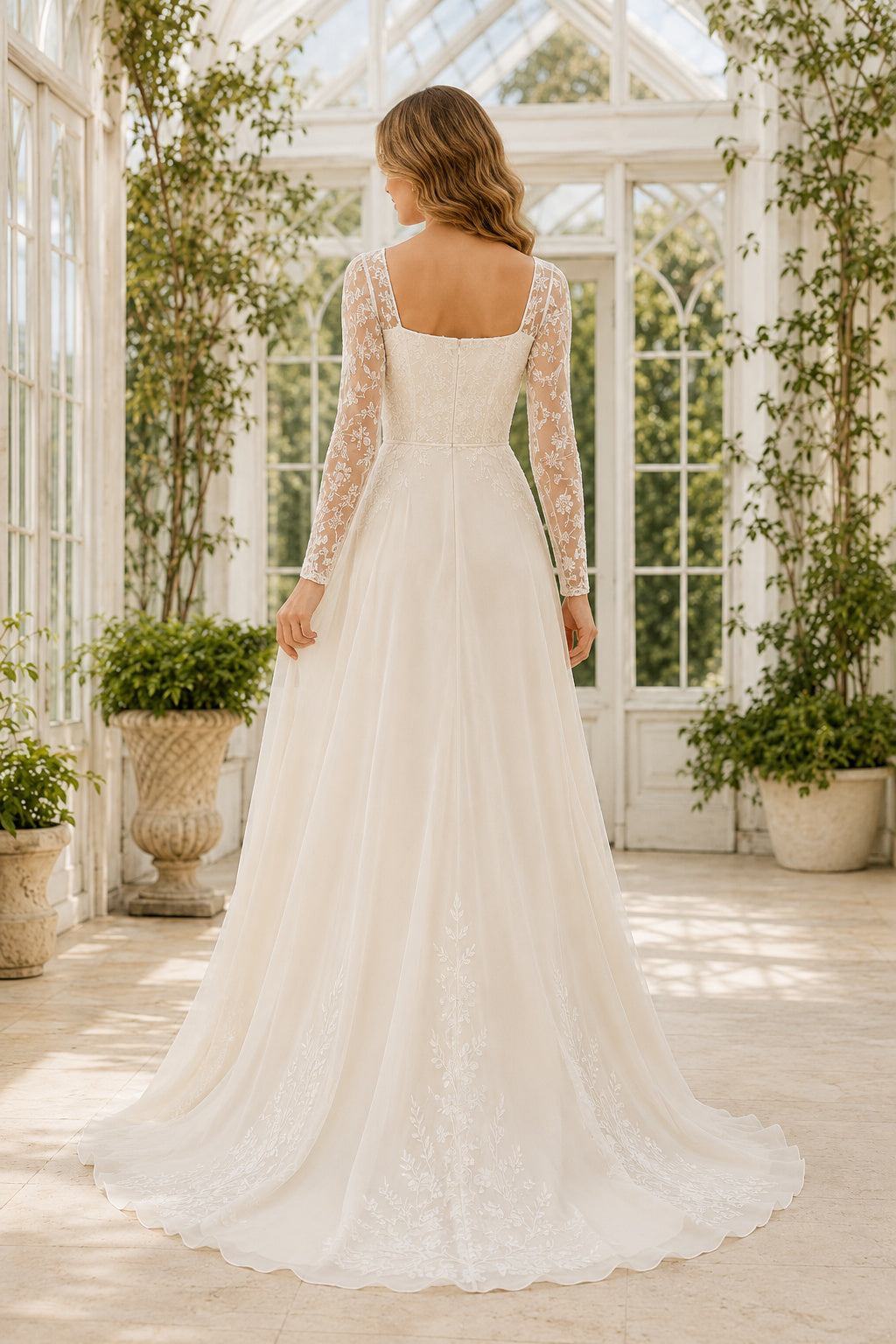 Square Neck Long Sleeve A-Line Wedding Dress with Lace Panel and Chiffon Train for Beach Garden Ceremony back view