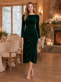Dark Green Bateau Long Sleeve Ruched Velvet Sheath Ankle Winter Guest Dress front view