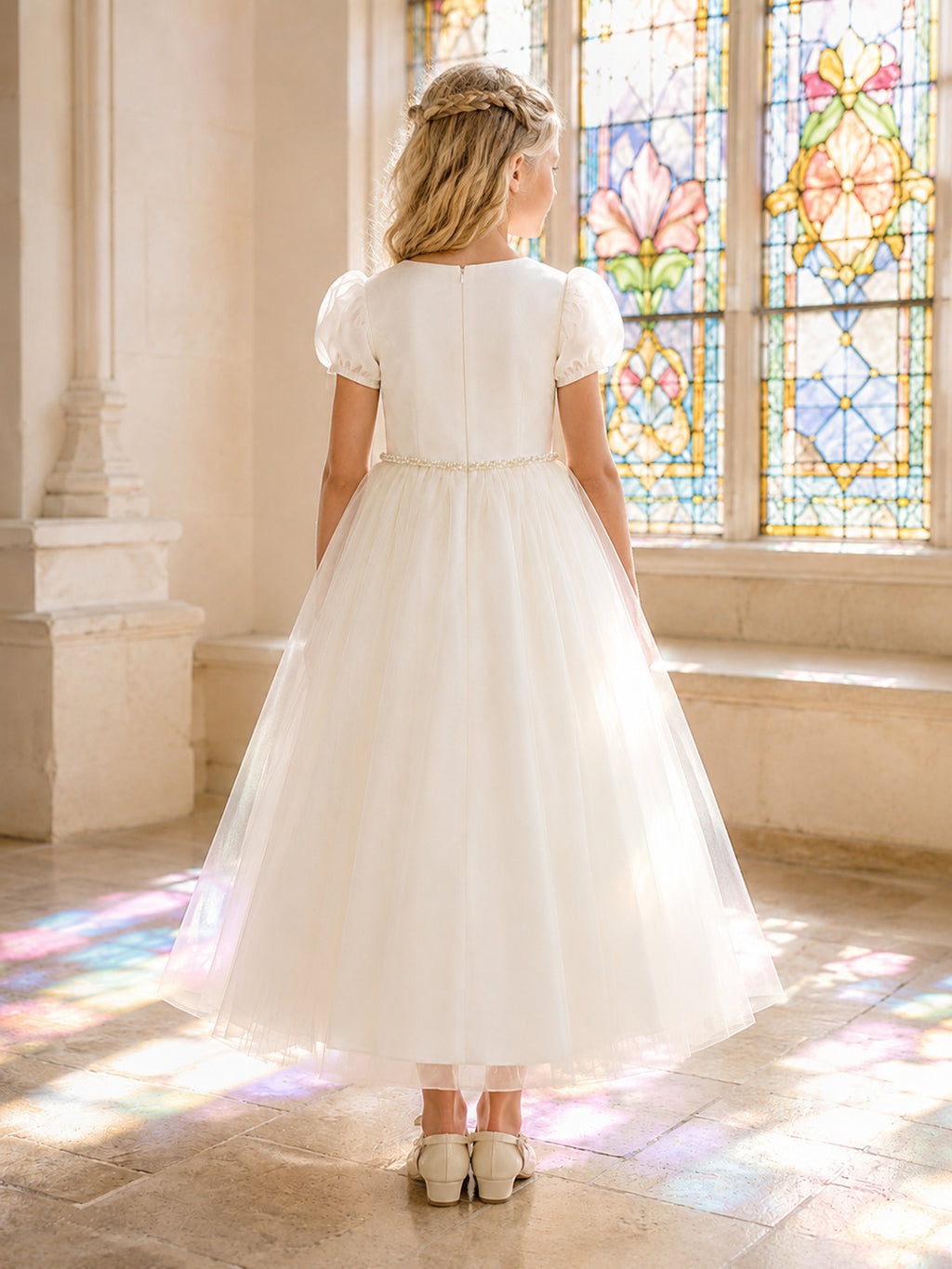 Jewel Neck Puff Sleeve Satin Tulle Floor Length First Communion Dress back view