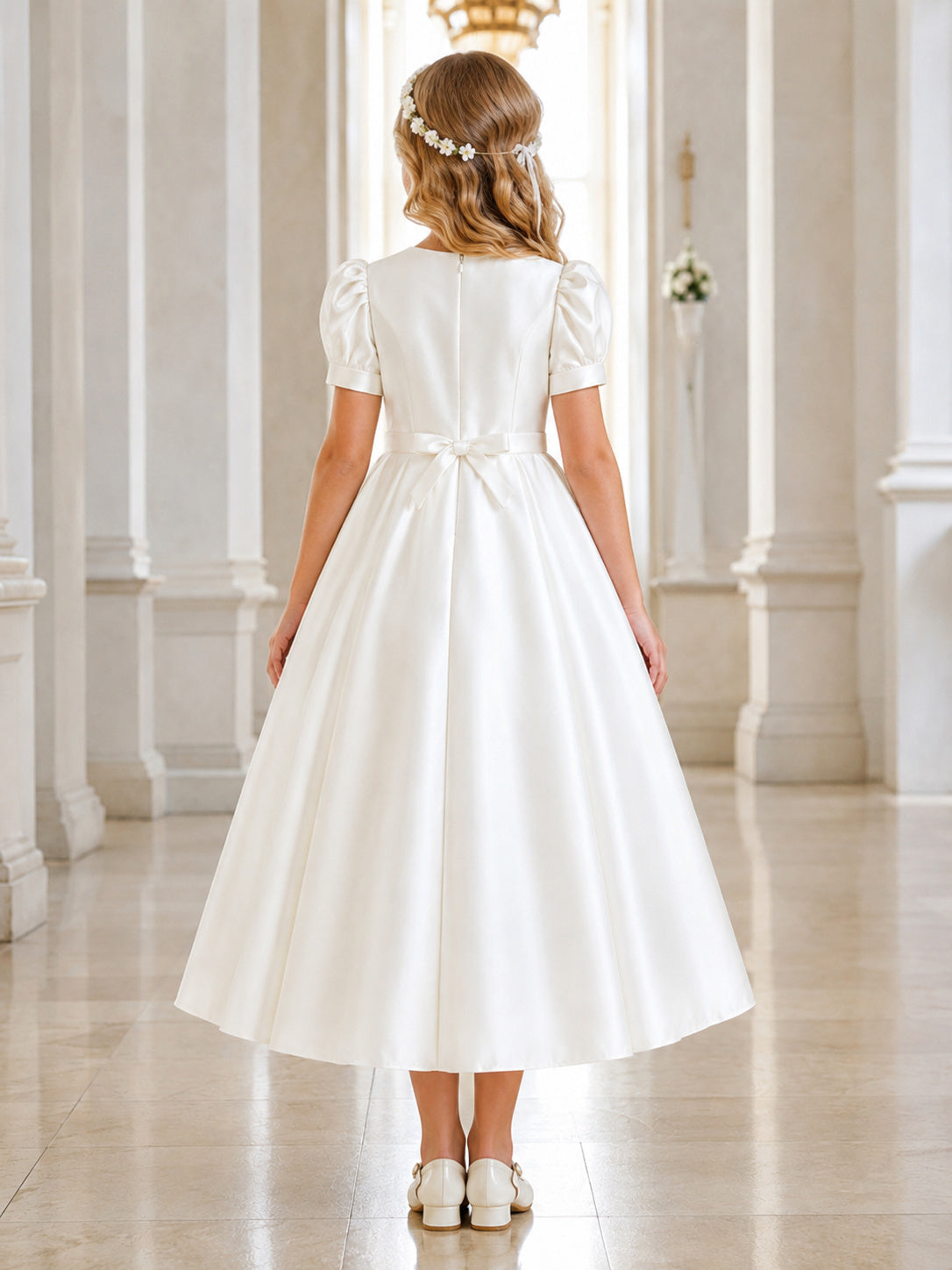 White Puff Sleeve Satin Tea Length Communion Flowergirl Dress back view