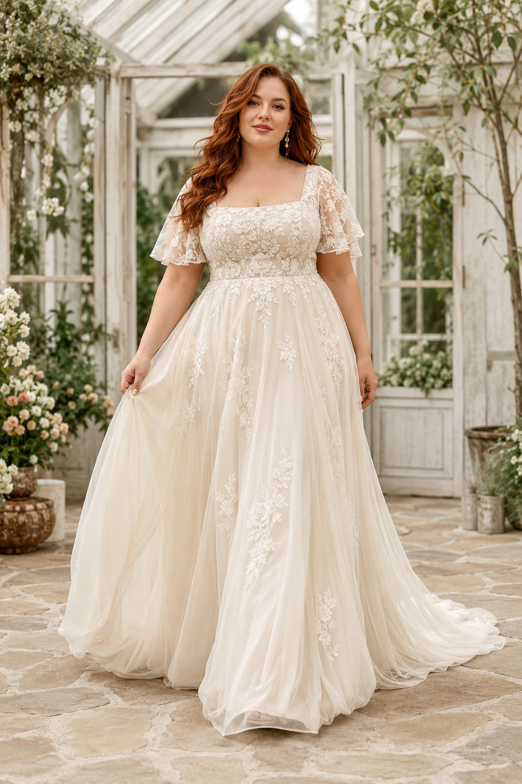 Plus Size Square Neck Cap Sleeve Lace A-Line Wedding Dress front view