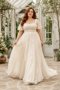 Plus Size Square Neck Cap Sleeve Lace A-Line Wedding Dress front view