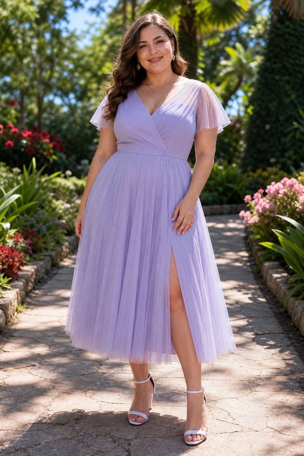 Lavender V-Neck Tea-Length Tulle A-Line Dress