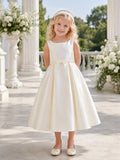 Elegant Satin Tea-Length A-Line Bateau Sleeveless Pearl Waist Flower Girl Garden Wedding Dress front view