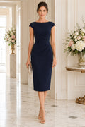 Dark Navy Chic Formal Wedding Guest Sheath Dress front view