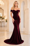 Burgundy off the shoulder velvet mermaid gown with sweetheart neckline and sweep train Floor-length And Sweep/Brush Train Mer
