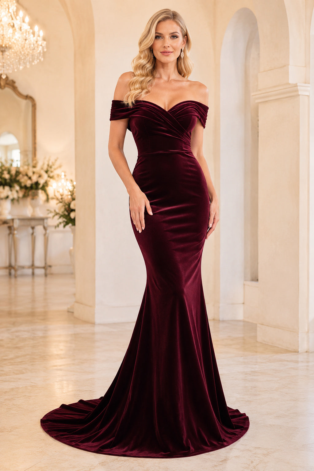 Burgundy off the shoulder velvet mermaid gown with sweetheart neckline and sweep train Floor-length And Sweep/Brush Train Mer