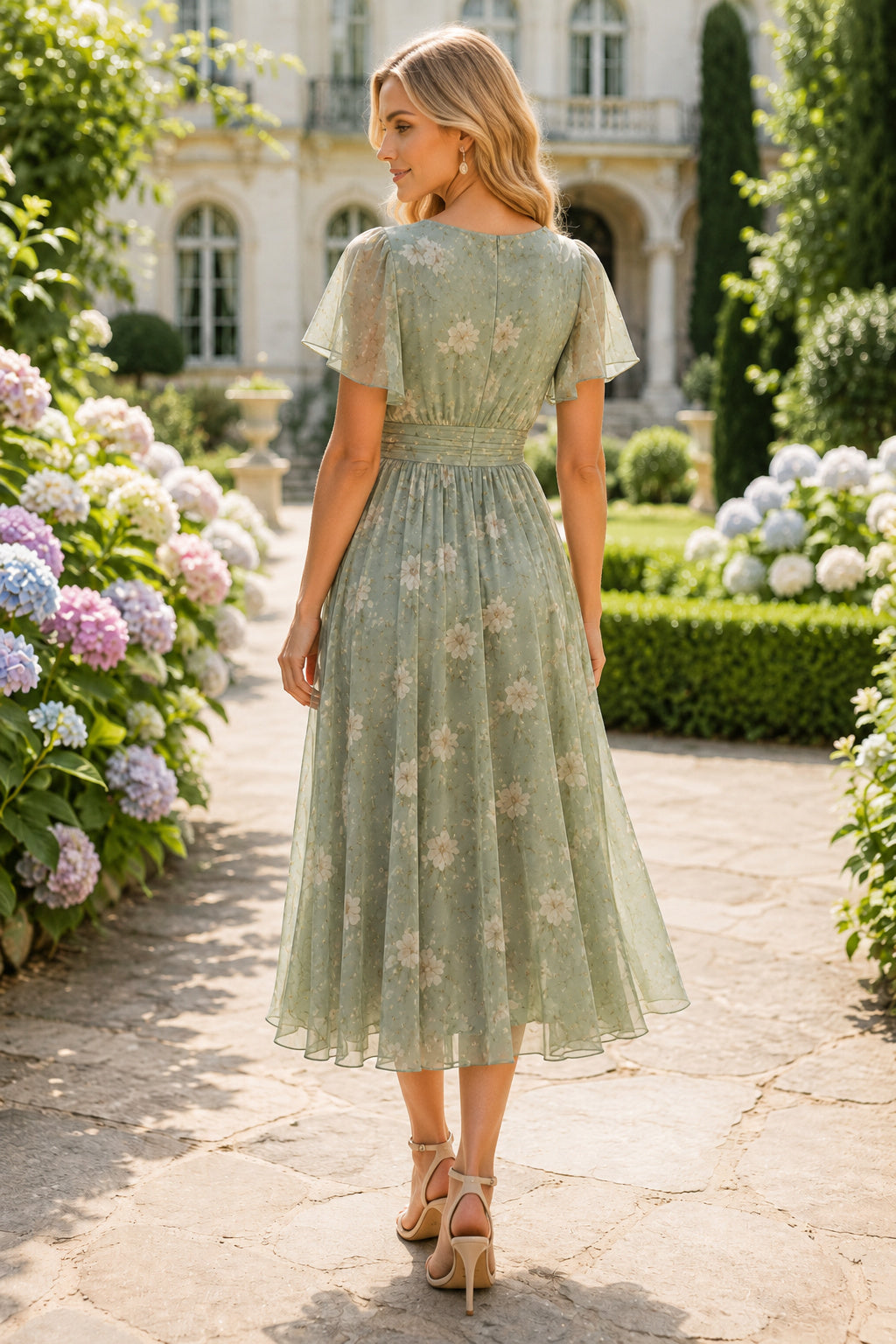 Sage Summer Wedding Guest Sheath Dress back view