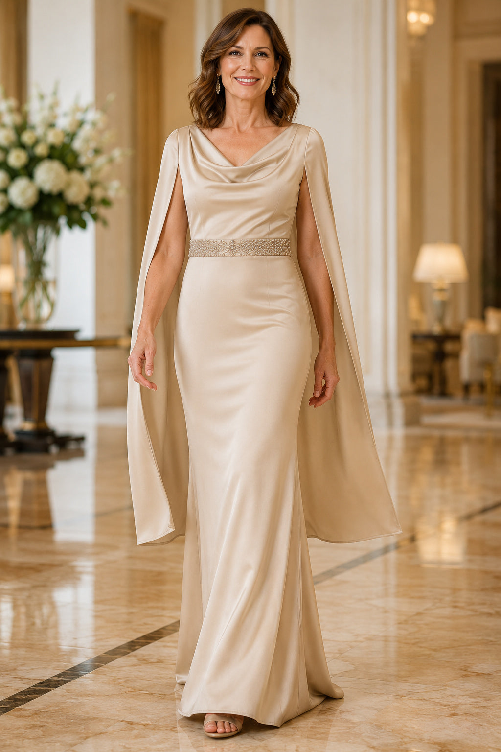 Champagne Cowl Neck Satin Sheath Mother Dress with Cape Sleeves and Beaded Waist front view