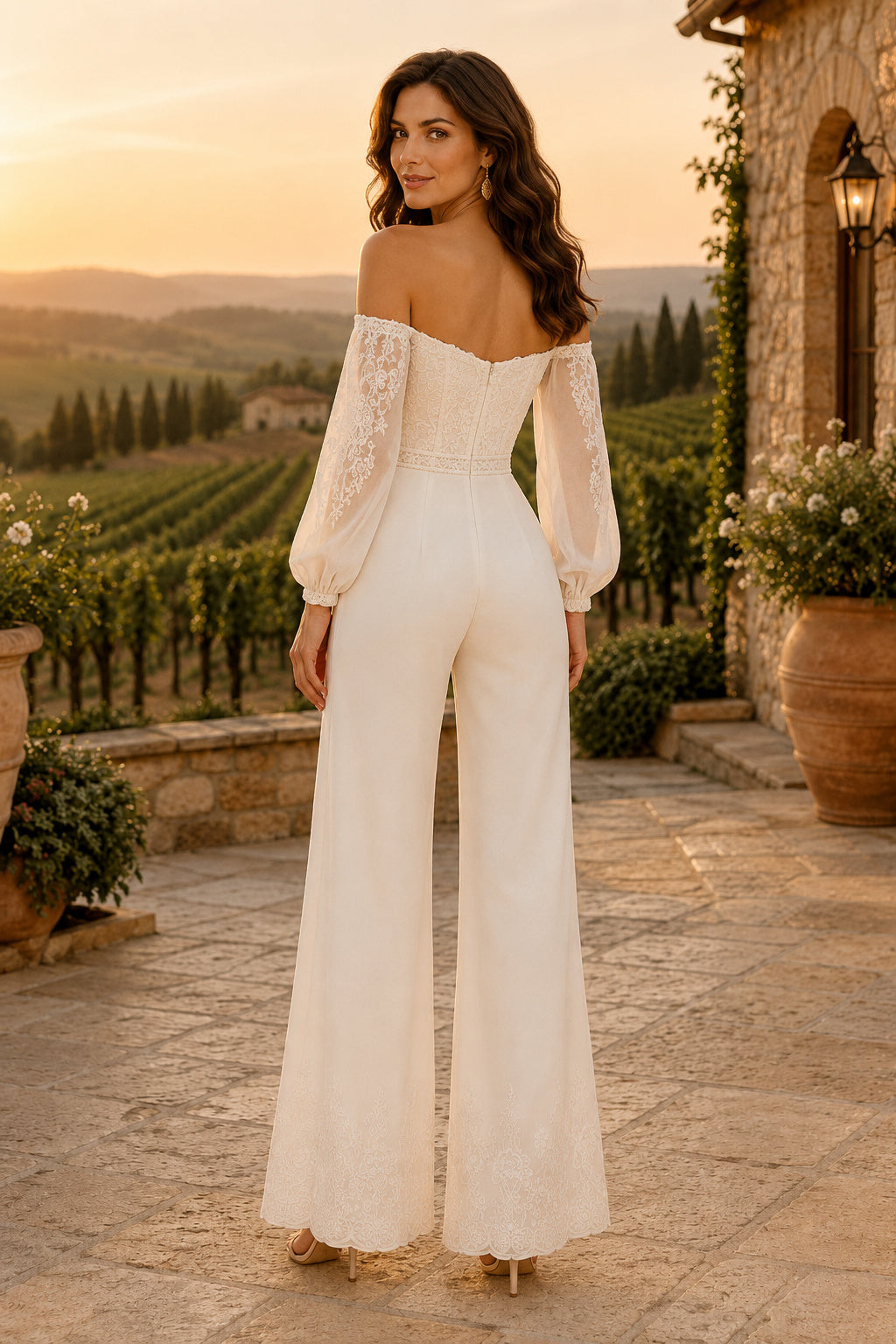 Ivory Off-the-Shoulder Sweetheart Bishop Sleeve Lace Satin Floor-Length Bridal Jumpsuit with Bishop Lace Sleeves and Wide Leg