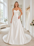Modern Strapless Satin Wedding A Line Sweetheart Ruched Chapel Train front view