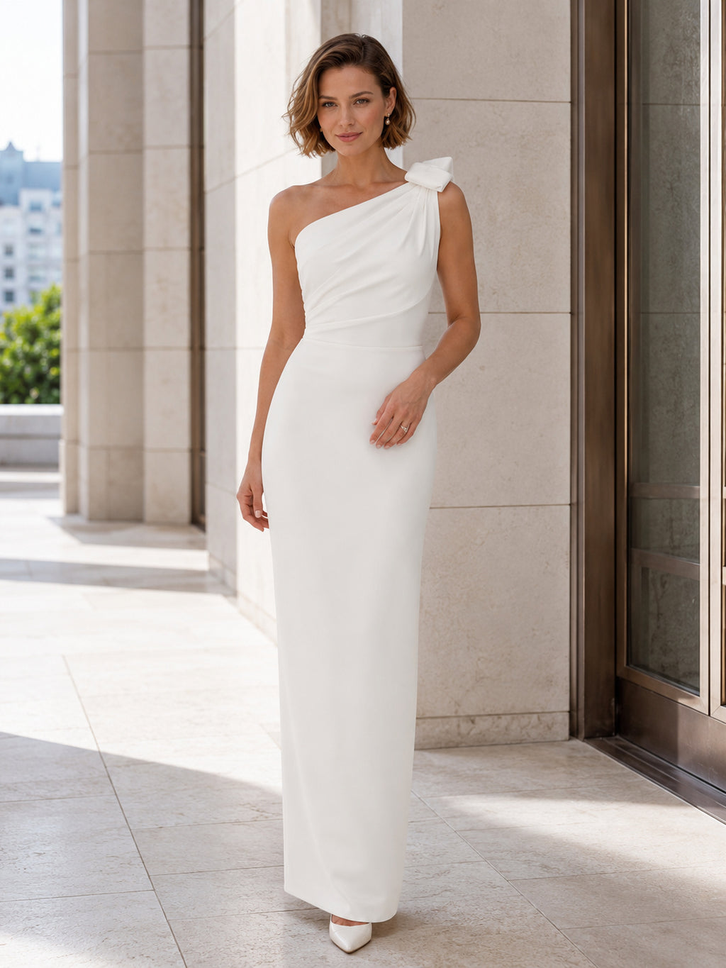 Minimalist Satin Wedding Dress Sheath One Shoulder Sleeveless Floor Length Bridal Gown front view