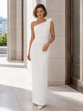 Minimalist Satin Wedding Dress Sheath One Shoulder Sleeveless Floor Length Bridal Gown front view