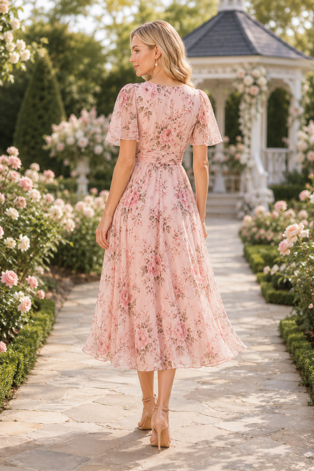 Dusty Rose Garden Wedding Guest Sheath Dress back view