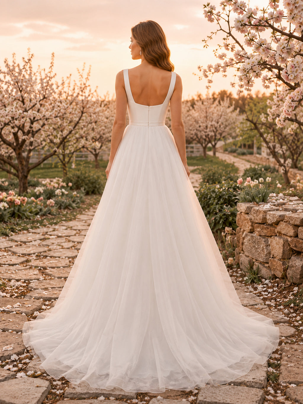 Square Neck Minimal Organza Orchard A-Line Bridal Gown back view