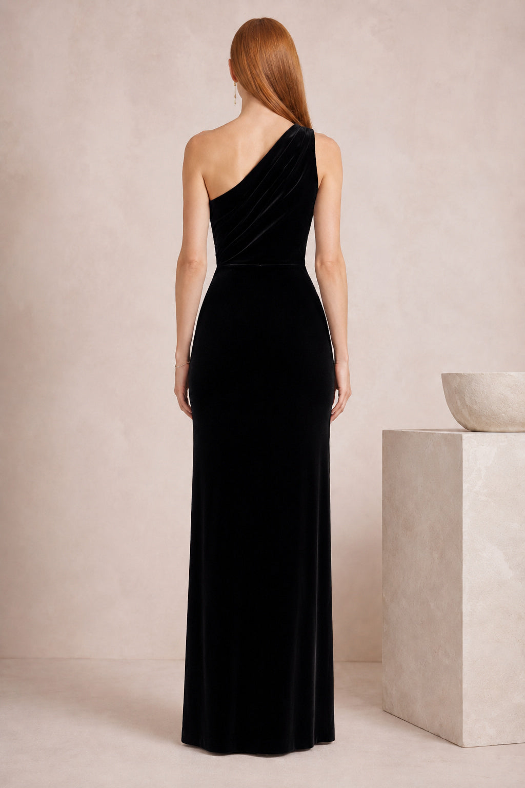 Black One Shoulder Velvet Sheath Cocktail Gown With Thigh Slit Floor-Length Sheath Cocktail Dress back view