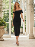 Black Off Shoulder Crepe Pencil Elegant Midi Dress front view