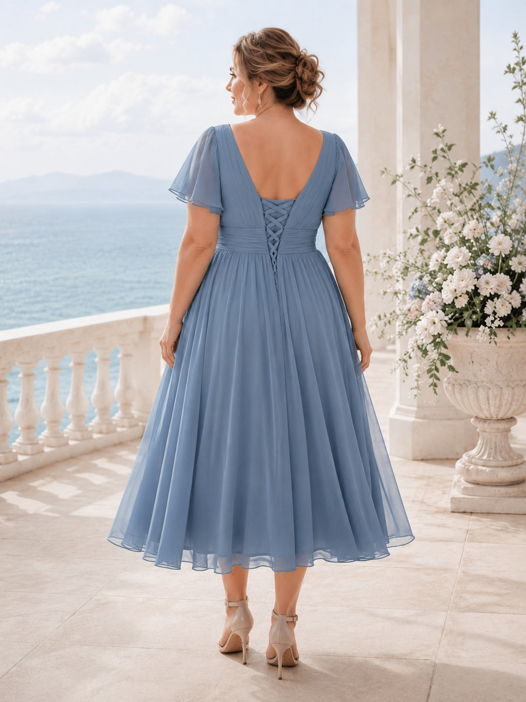 Dusty Blue V-Neck Tulle Tea-Length Bridesmaid Dress back view