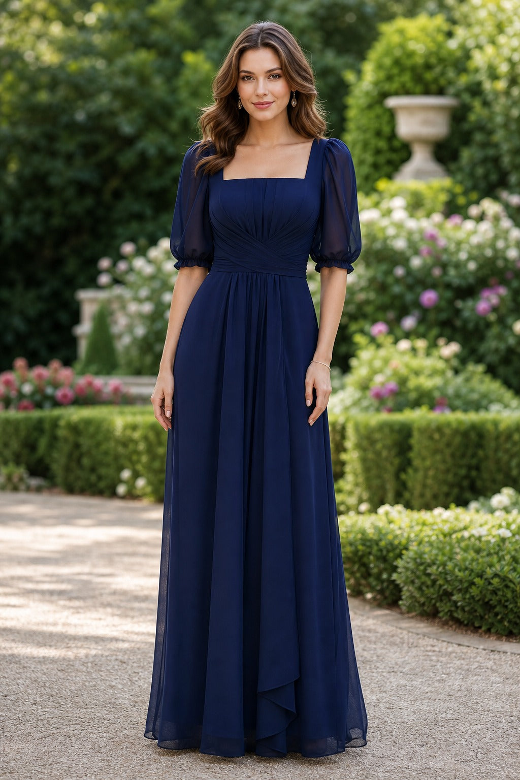 Navy Scoop Neck Floor-Length Chiffon A-Line Dress
