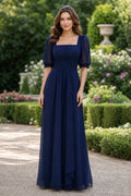 Navy Scoop Neck Floor-Length Chiffon A-Line Dress