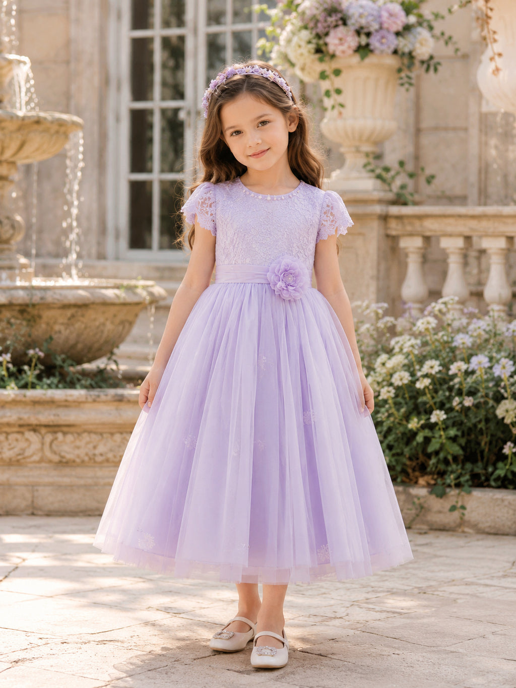 Lavender Short Sleeve Bow Back Tulle A-Line Flower Girl Dress with Jewel Neck and Tea-Length Skirt front view