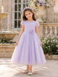 Lavender Short Sleeve Bow Back Tulle A-Line Flower Girl Dress with Jewel Neck and Tea-Length Skirt front view