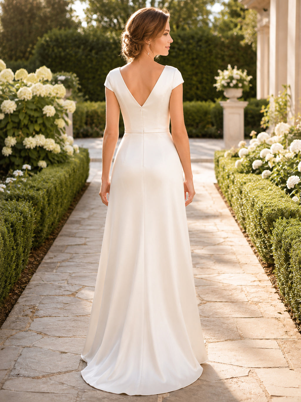 Minimalist Satin Wedding Dress A-Line V-Neck Cap Sleeve Floor Length Bridal Gown back view
