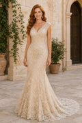 Champagne V-neck Cap Sleeves Mermaid Lace Floor-length Wedding Dress With Lace and Train and Open Back