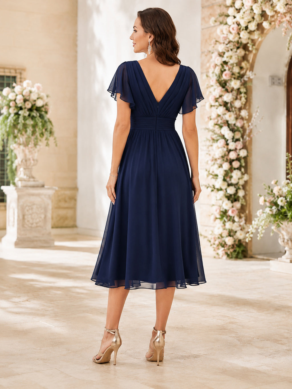 Dark Navy V-neck Chiffon Wedding Guest Dress back view