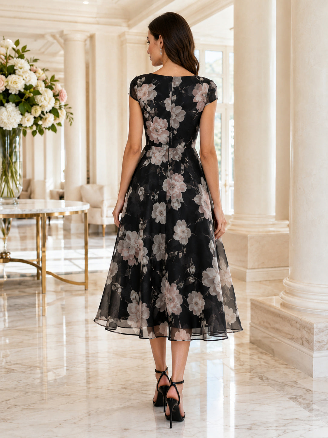 Black Floral Organza Bateau Neck Cap Sleeve A-Line Tea Dress back view