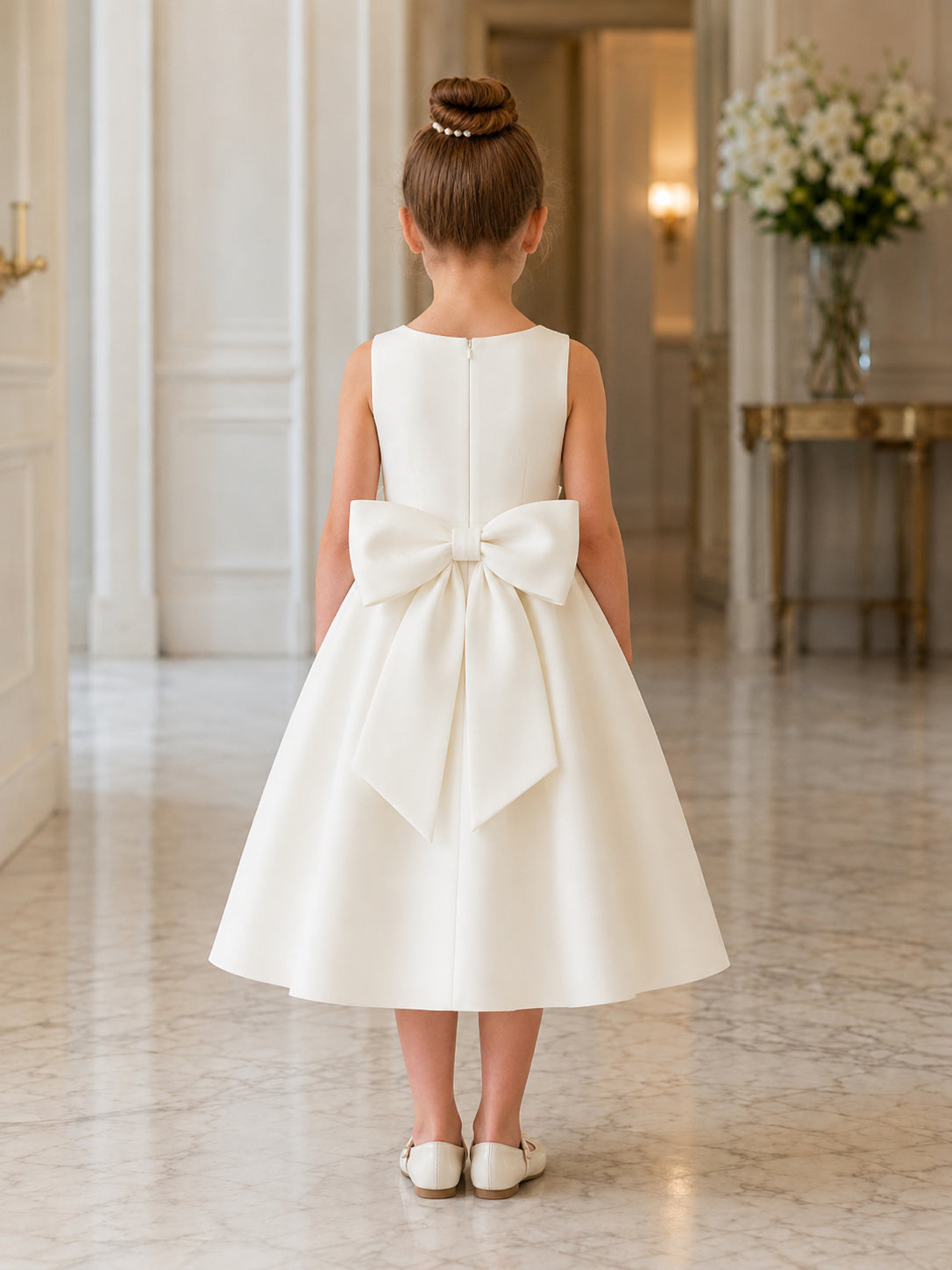Modern A-Line Flower Girl Dress with Jewel Neck Sleeveless White Satin Oversized Bow Reception back view