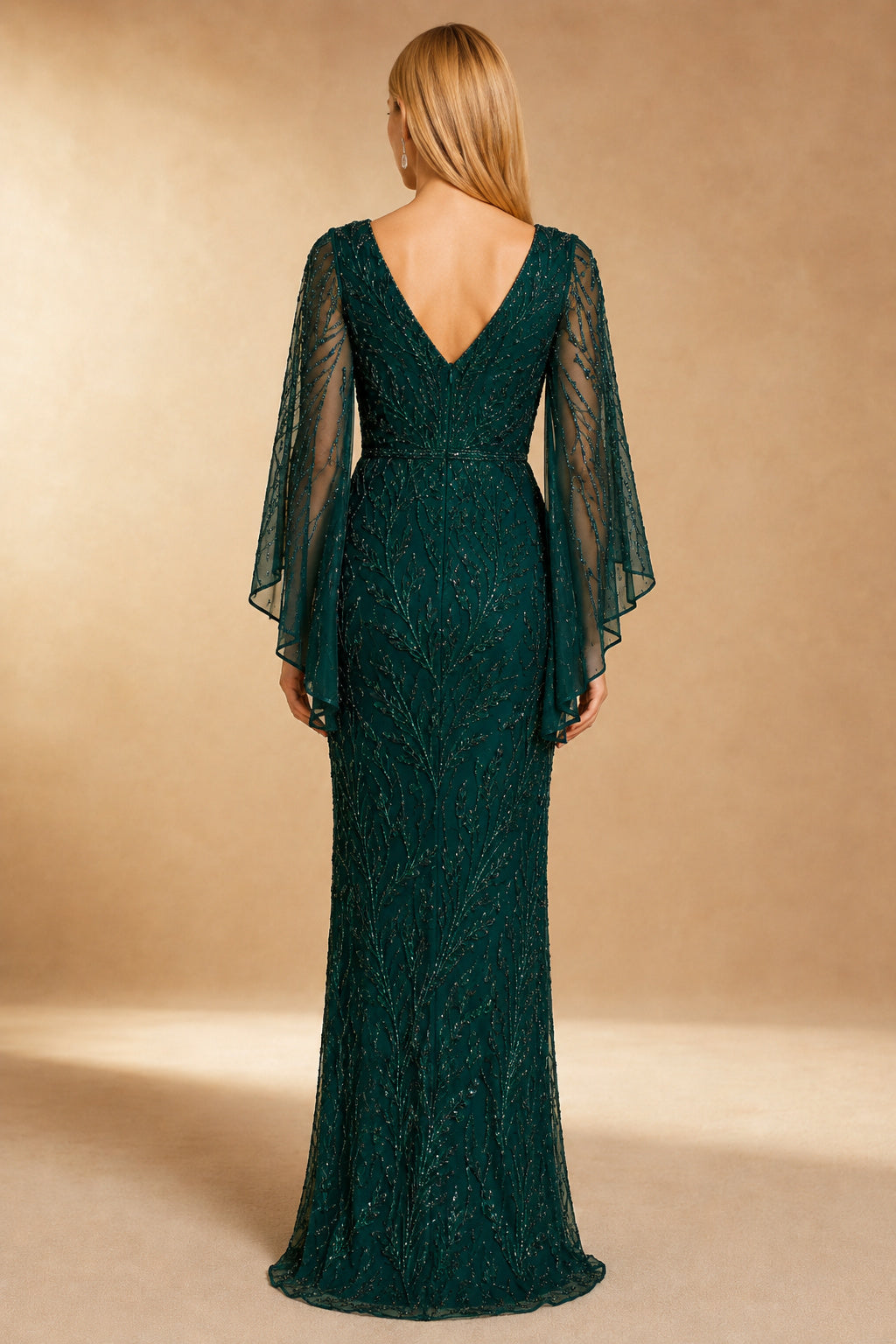 Dark Green V-Neck Beaded Mother Dress Bell Sleeves for Mother and Formal Events back view