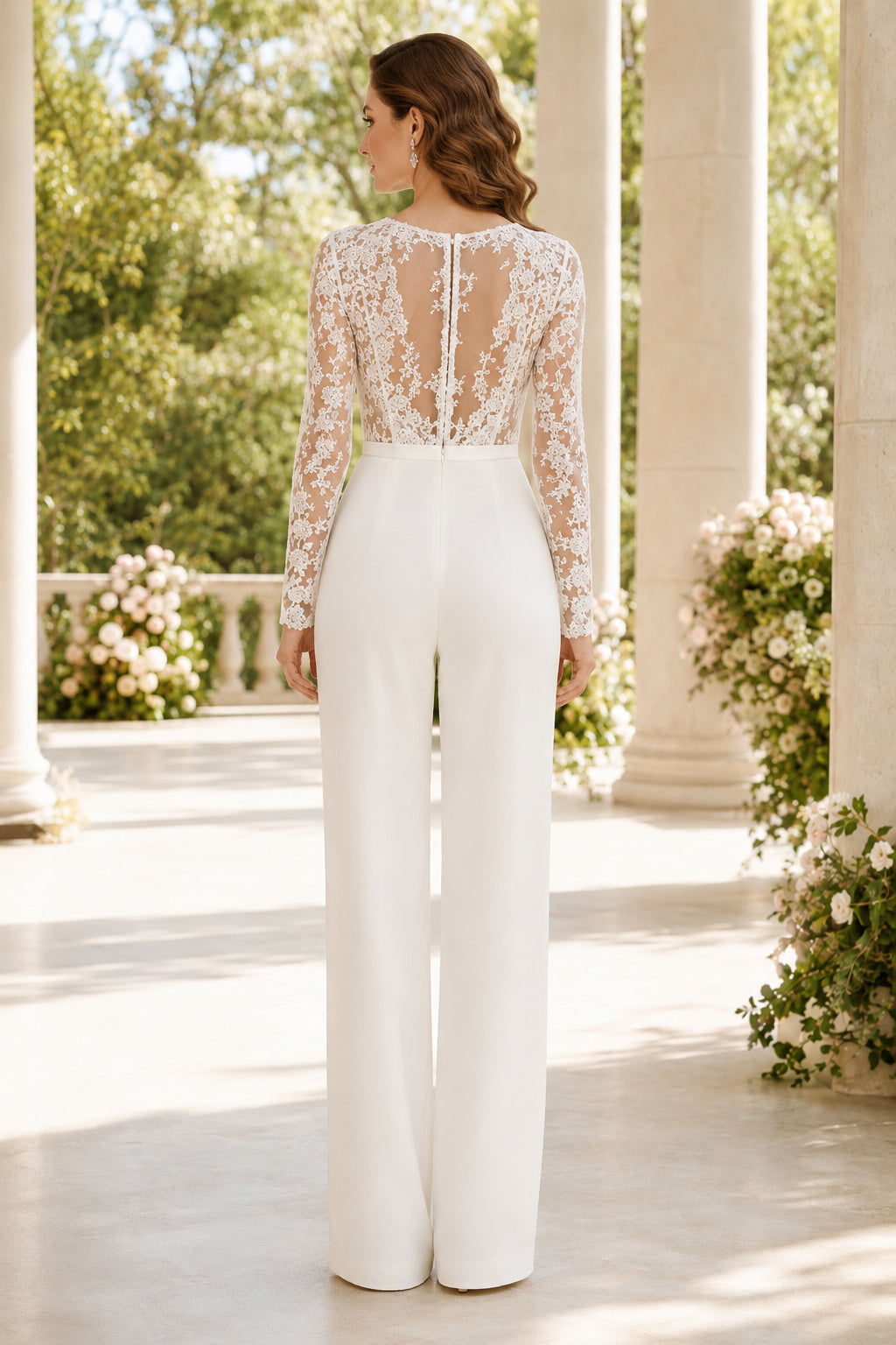 White Long Sleeve Lace Bodice Bridal Jumpsuit Style 720291 back view