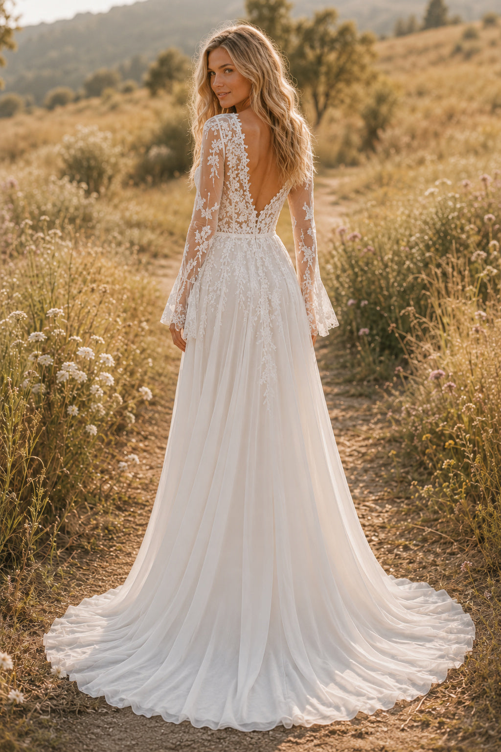 Ivory Long Sleeve Lace A-Line Wedding Dress with High Slit and Sweep Train back view