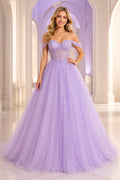 Lavende Off-the-Shoulder Tulle Ball Gown with Corset Bodice and Glitter Skirt front view