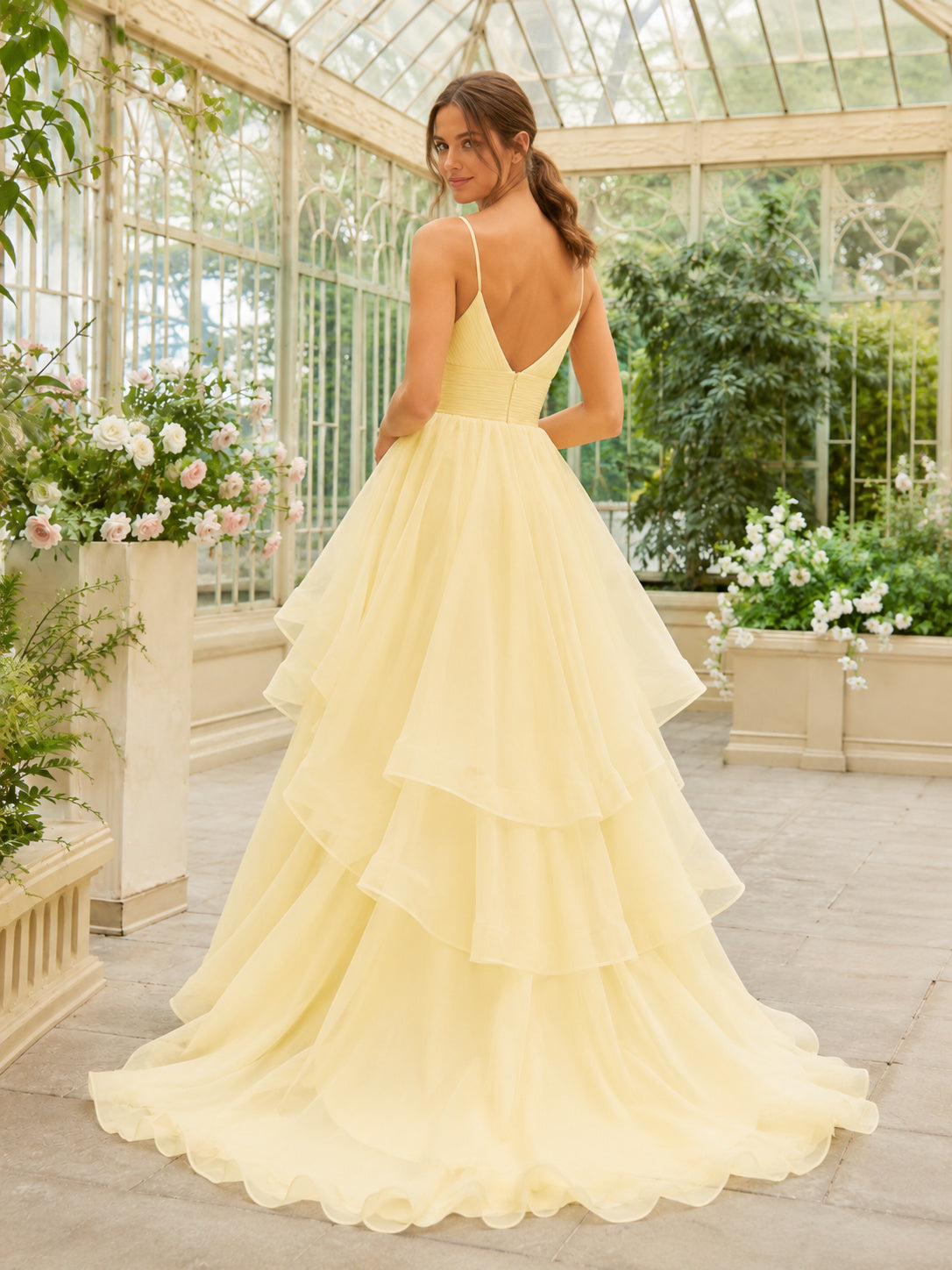 Daffodil Yellow Deep V-Neck Tiered Organza High Low A-Line Wedding Dress back view