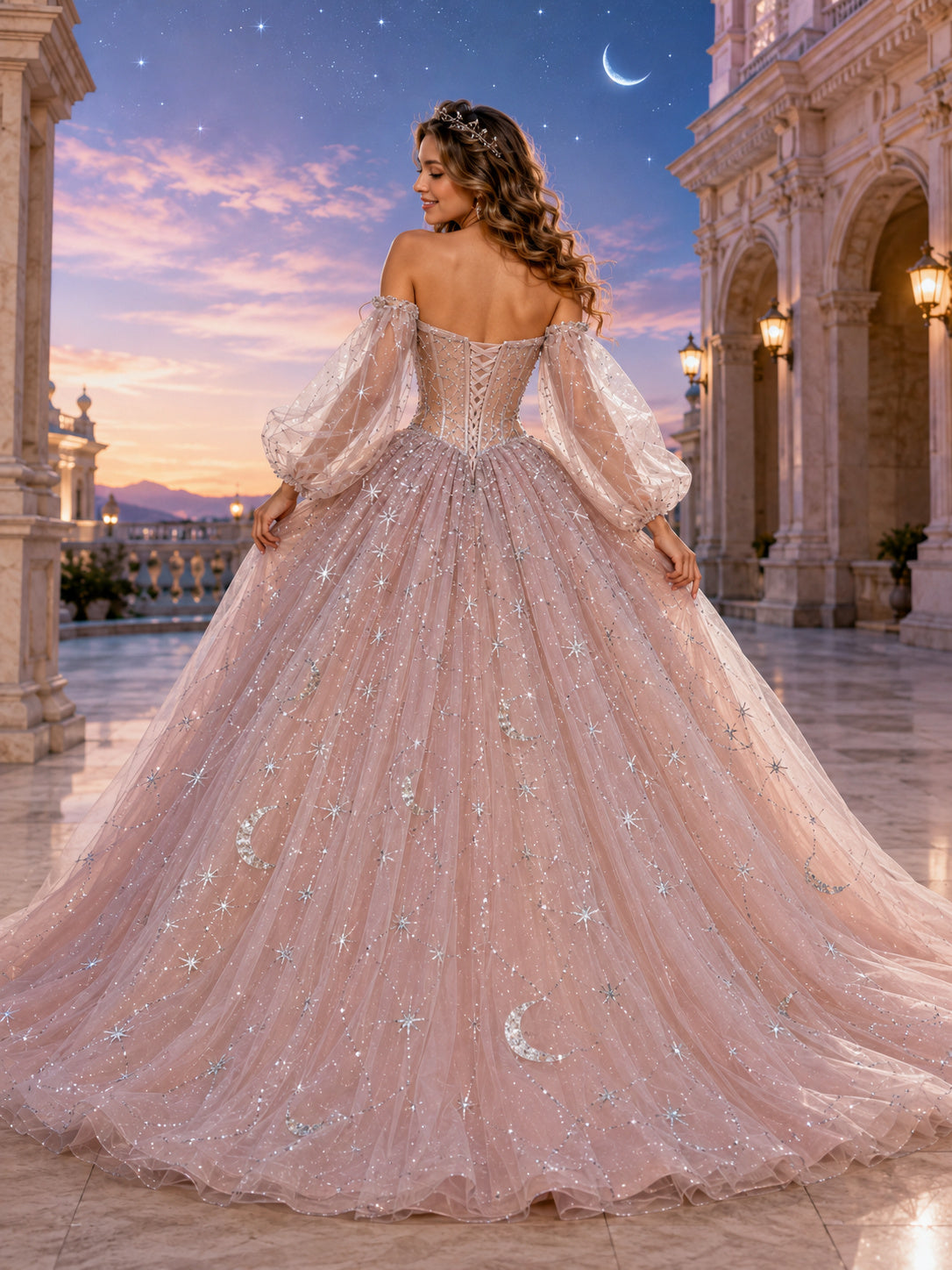 Blushing Pink Silver Celestial Off Shoulder Puff Sleeve Quinceanera Princess Court Train Ball Gown back view