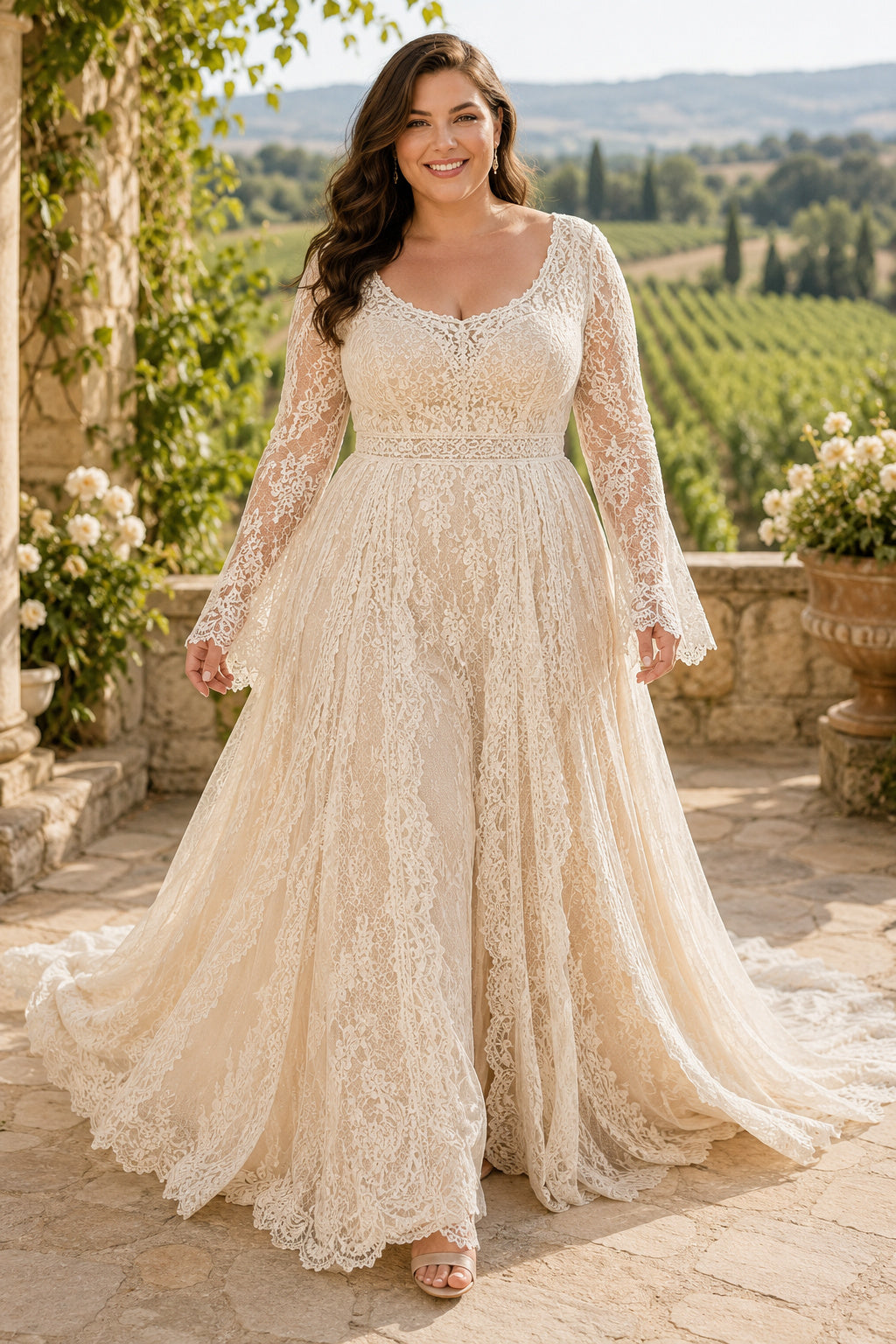 Plus Size Ivory Scoop Neck Bell Sleeve Lace Tulle A-Line Wedding Dress with Bell Sleeves and Lace Chapel Train front view