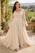 Plus Size Ivory Scoop Neck Bell Sleeve Lace Tulle A-Line Wedding Dress with Bell Sleeves and Lace Chapel Train front view