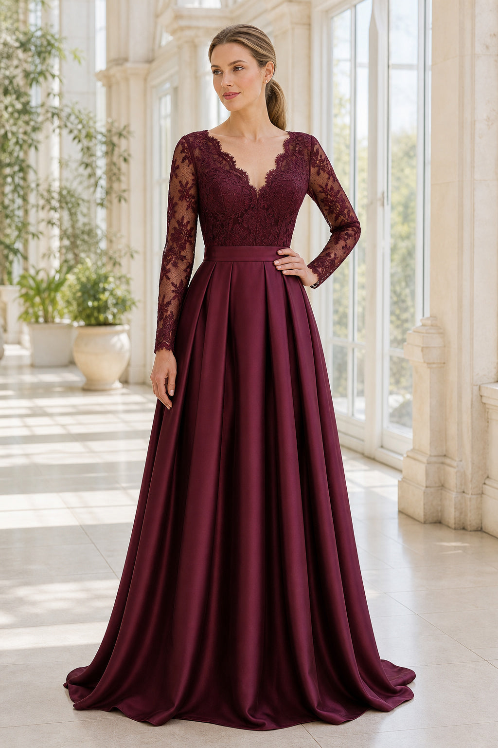 Burgundy V-neck Long Sleeve A-Line Satin Floor-Length Dress With Lace Bodice