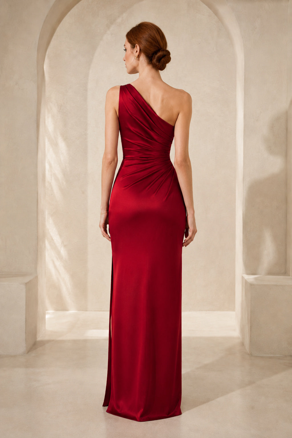 Red One-Shoulder Satin Sheath Evening Dress with Ruched Side Split back view