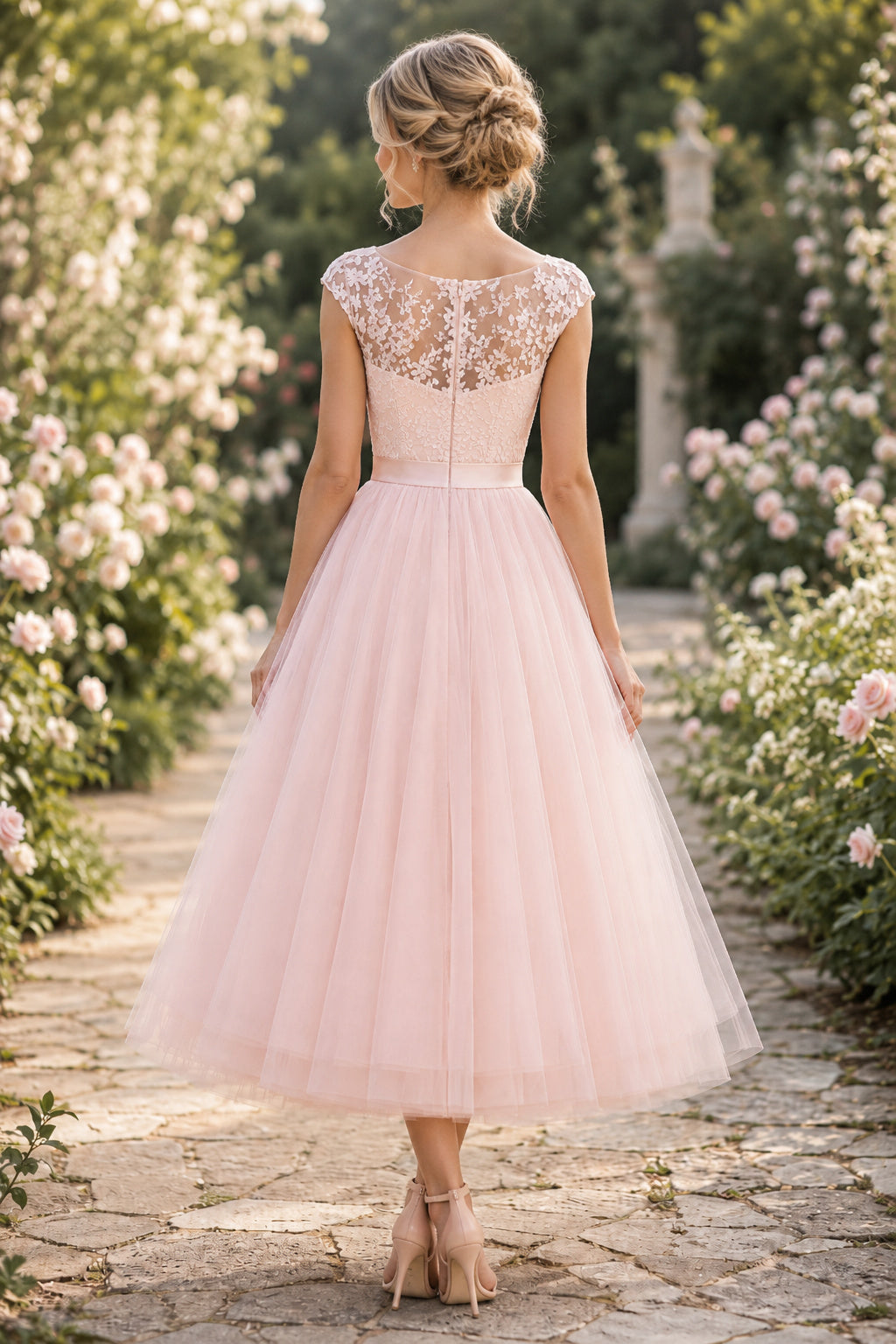 Blushing Pink Lace Cap Sleeve Tea-Length Wedding Dress with Tulle Skirt Style MG_300524 back view