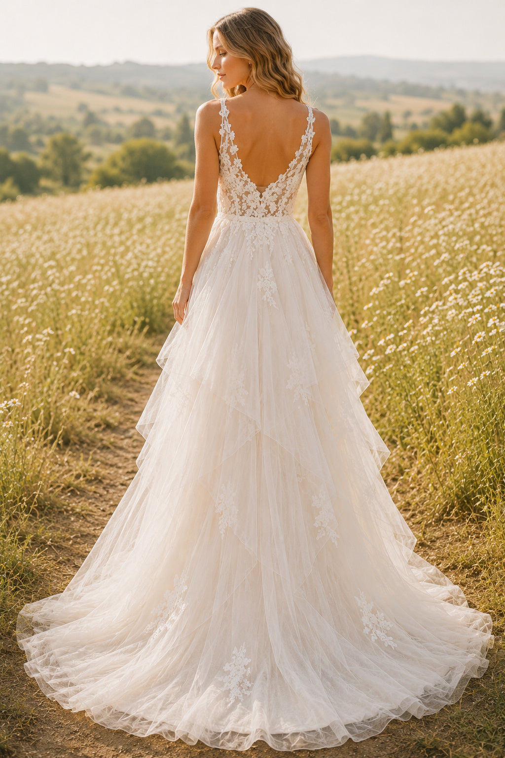Ivory Plunging V-Neck Tiered Tulle A-Line Wedding Dress with Lace Bodice back view