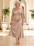 Plus Size Champagne Satin Elegant Mother Dress V-Neck Cap Sleeve Asymmetric Ruched A-Line Tea-Length Formal Gown front view
