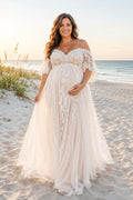 Ivory Plus Size Maternity Off-the-Shoulder Lace A-Line Wedding Dress with Train front view