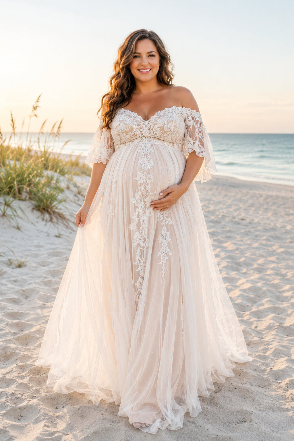 Ivory Plus Size Maternity Off-the-Shoulder Lace A-Line Wedding Dress with Train front view