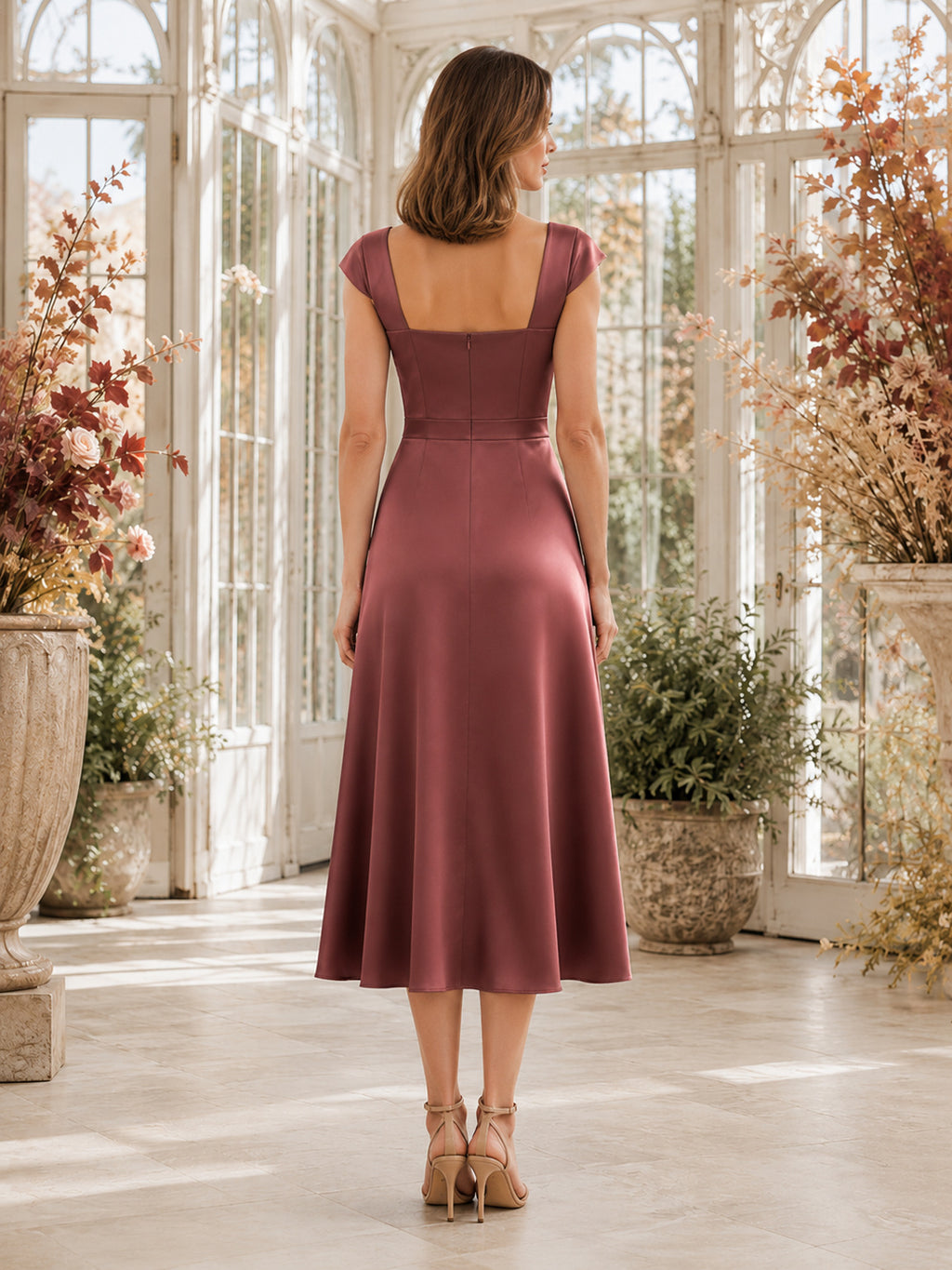 Vintage Mauve Square Neck Cap Sleeve Satin Sheath Midi Guest Dress back view