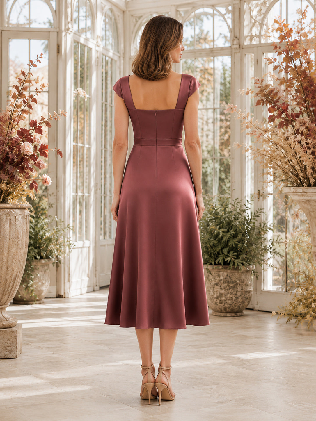 Vintage Mauve Square Neck Cap Sleeve Satin Sheath Midi Guest Dress back view