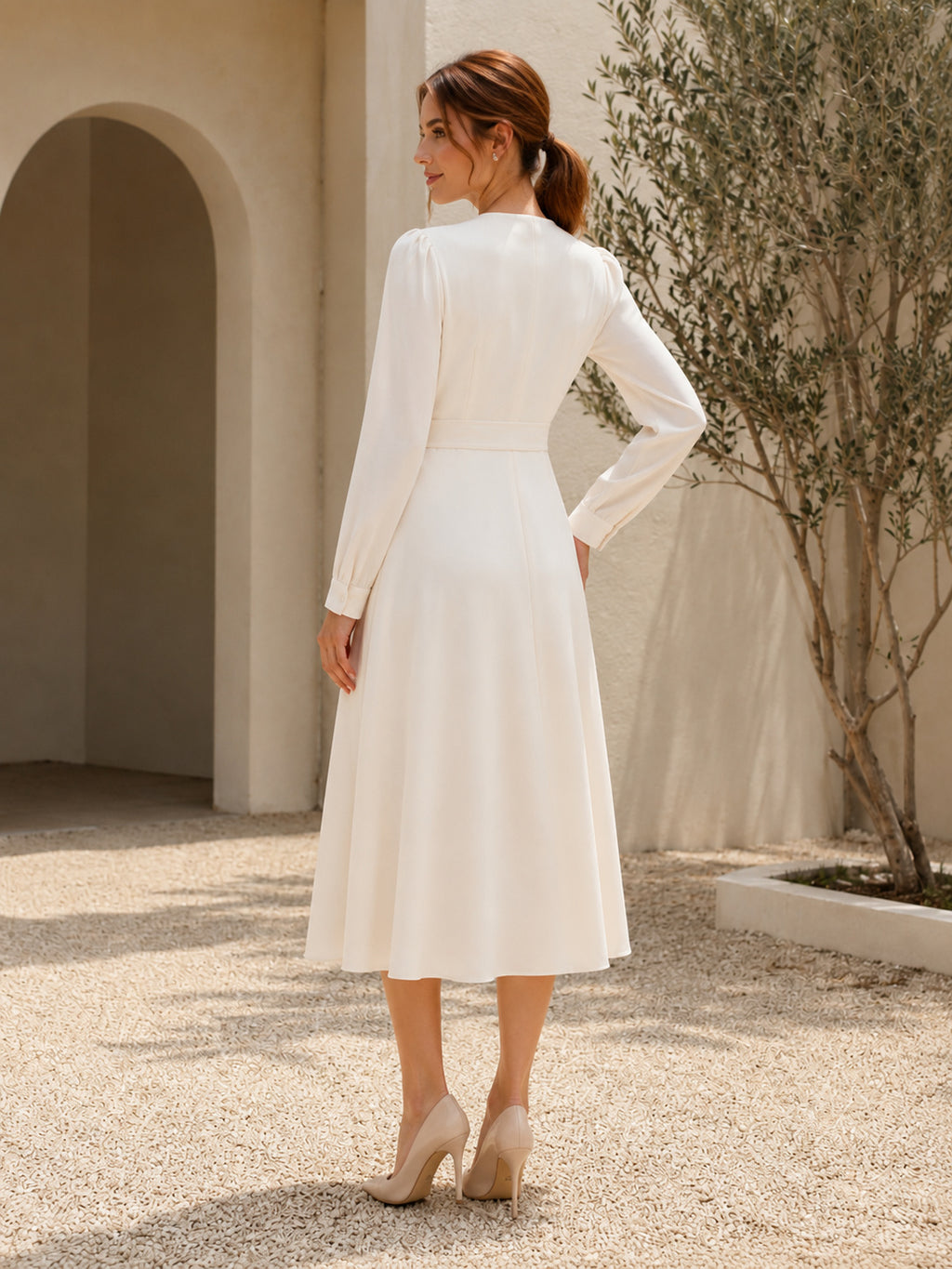 Simple Wrap V Neck Long Sleeve Belted A-Line Tea Length Civil Wedding Dress back view