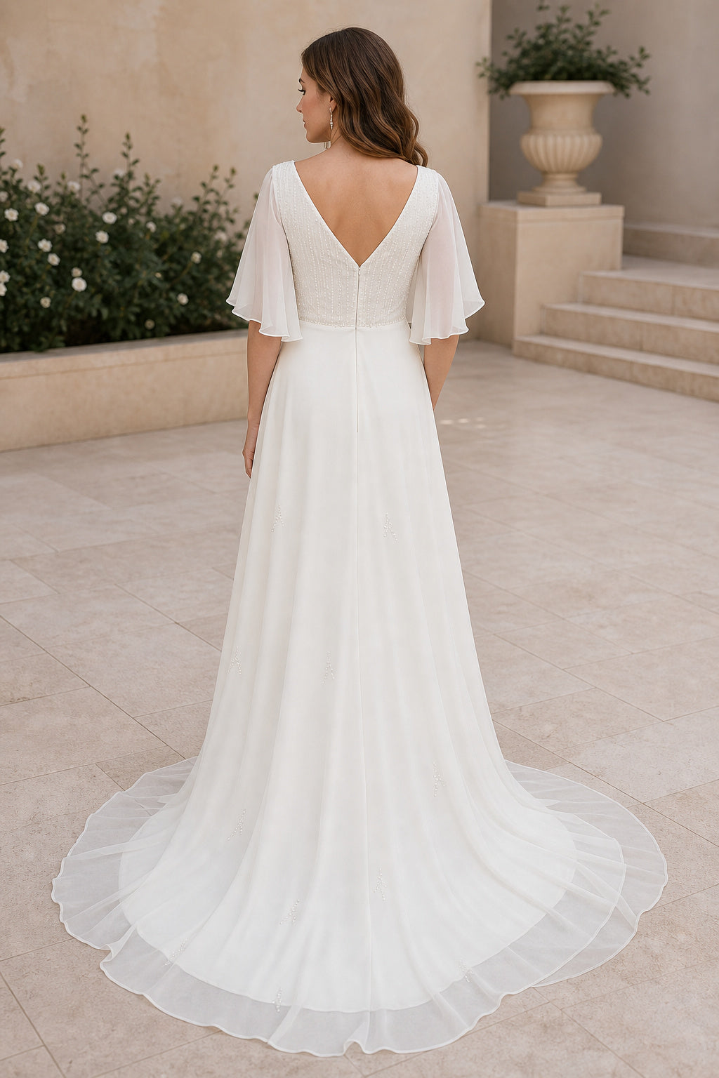 White V-neck Long Sleeves A-Line Satin Floor-length Wedding Dress With Sweep Train and Open Back